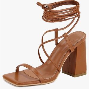 Brown strappy lace up heels